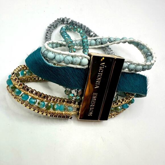 Victoria Emerson Teal Bracelet Multi Strand Beaded Gold Magnetic Boho Bohemian - Picture 2 of 8